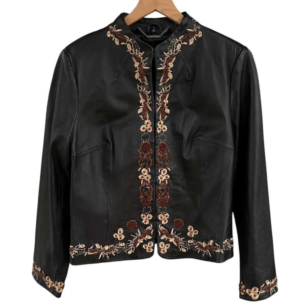 Pamela McCoy Vintage Y2K Black Leather Floral Embroidered Beaded Jacket Medium